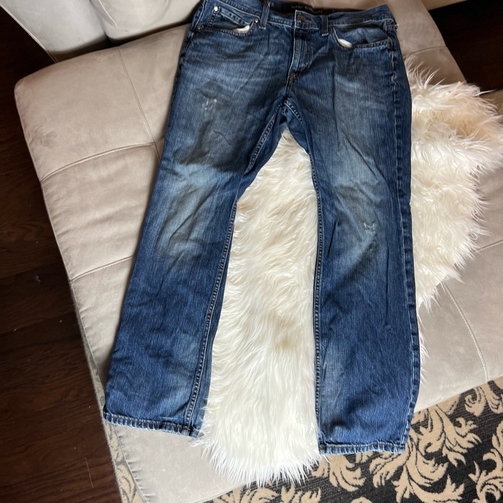 Marc Anthony Jeans Men's 34x30 Slim Fit Straight Blue Denim Pants Distressed